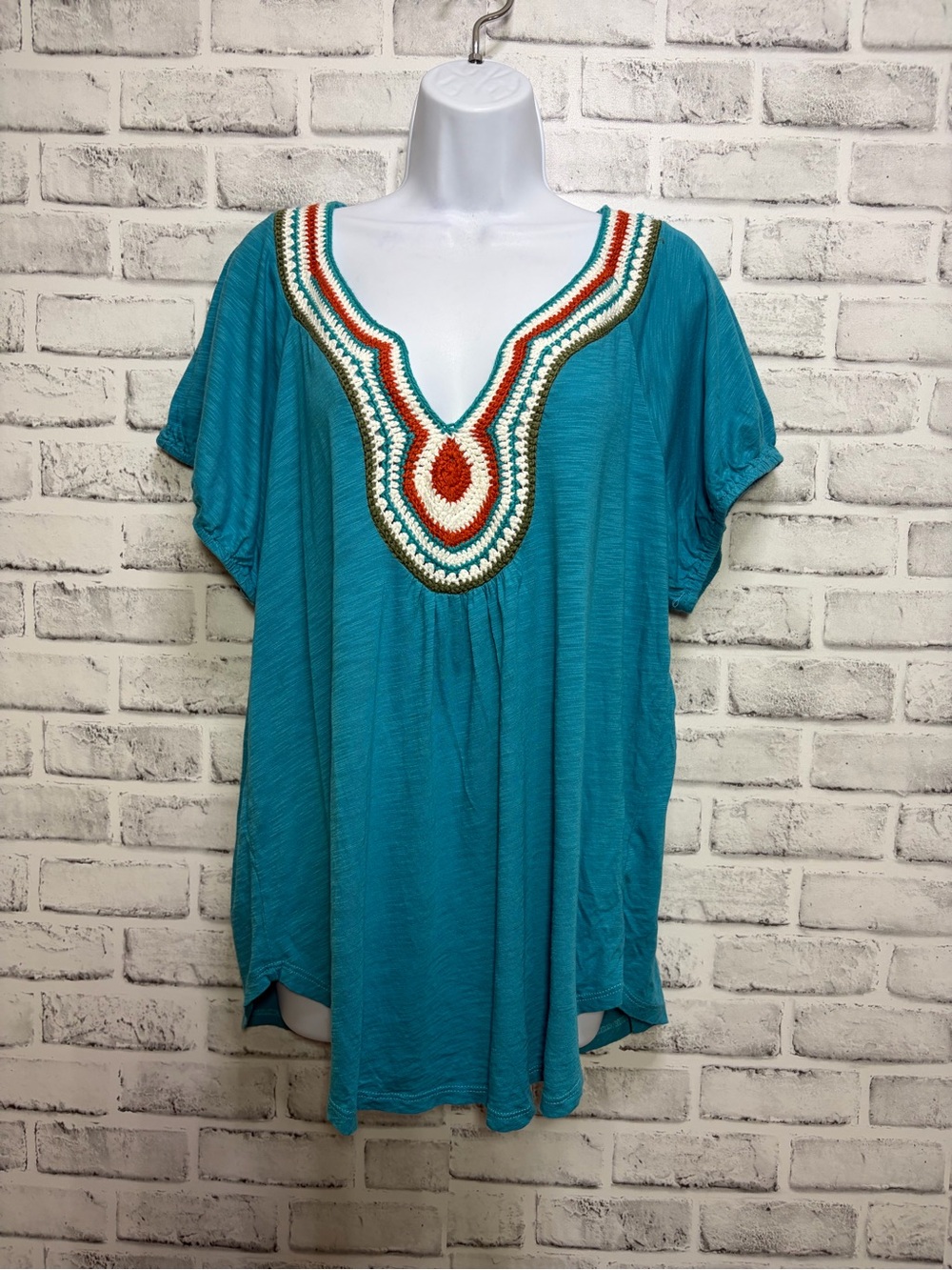 Melissa Paige Plus-Size Turquoise Crocheted V-Neck Top 1X